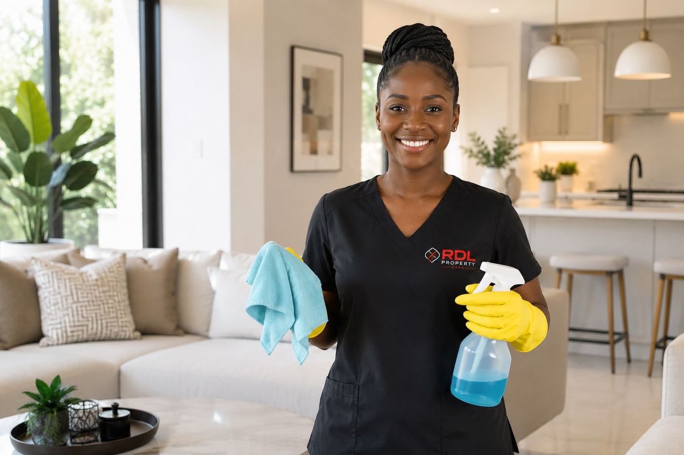 Cleaner in an RDL Property Care uniform in a living room