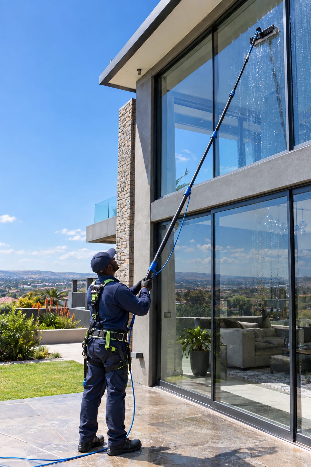 RDL technician cleaning double-volume exterior glass with a water-fed pole, wearing a safety harness